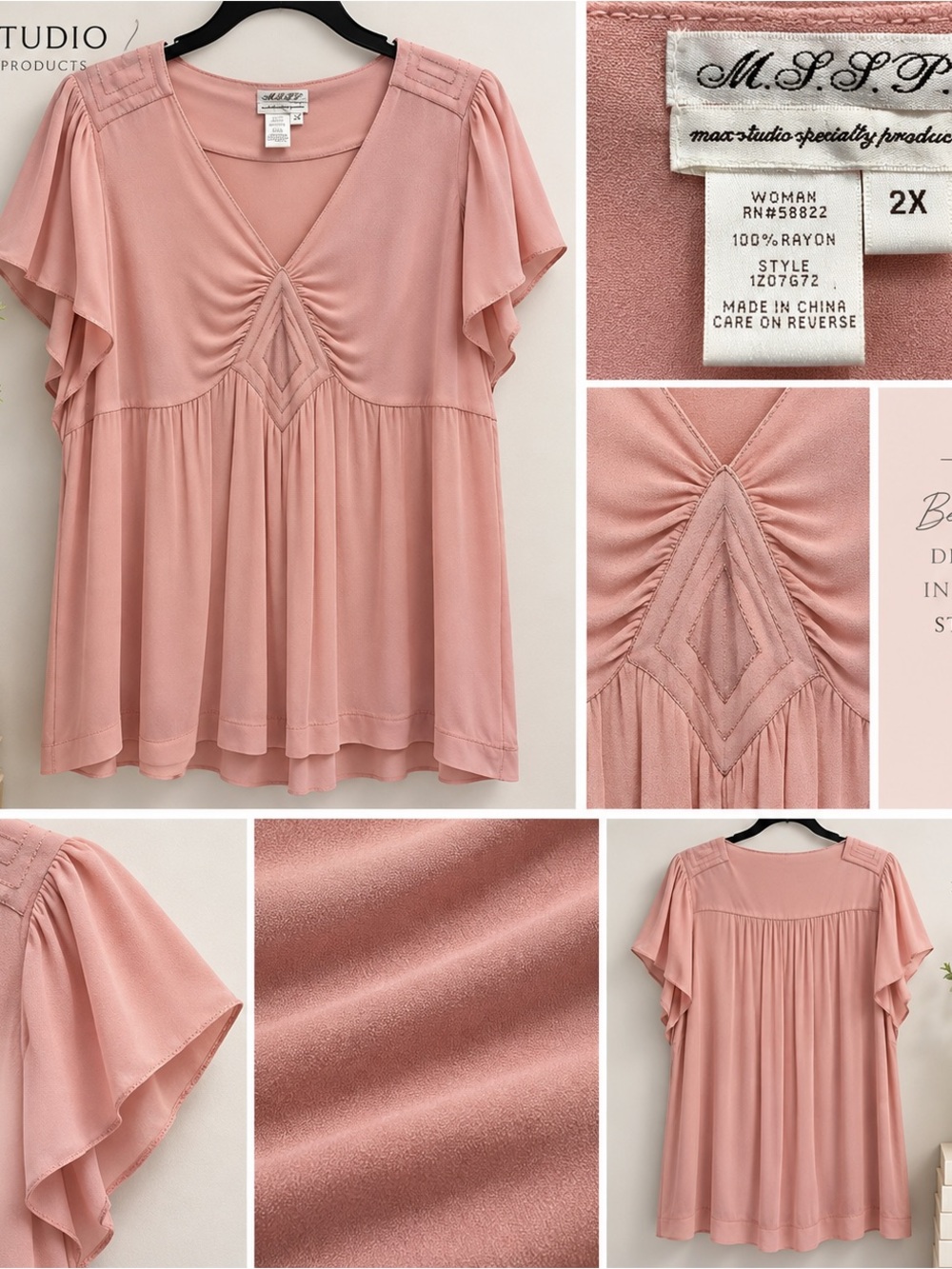 Max Studio Specialty Products 2X Blush Pink Flutter Sleeve Boho Blouse